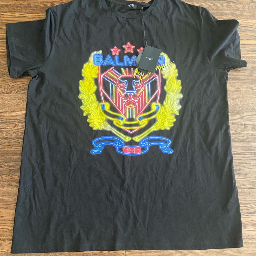 Balmain Black T-Shirt with Neon Crest Design